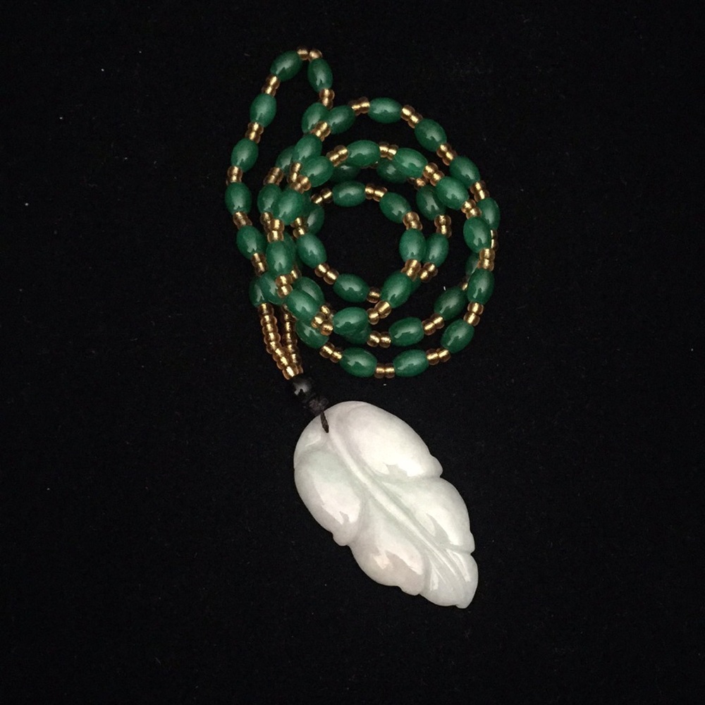 Certified Jade Bodhi Leaf Necklace 24” - Picture 2 of 3
